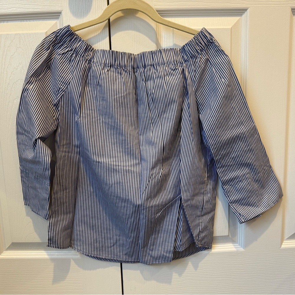 Zara Blue and White Stripe Off The Shoulder Blouse Top Size Small
